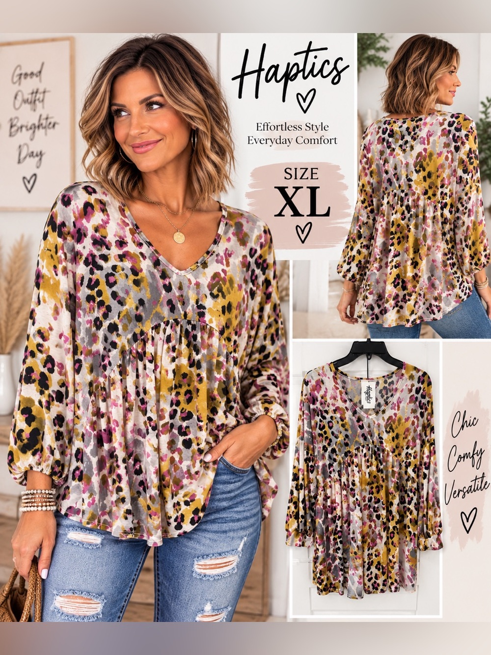 XL V-Neck Printed Peplum Top - Multicolor